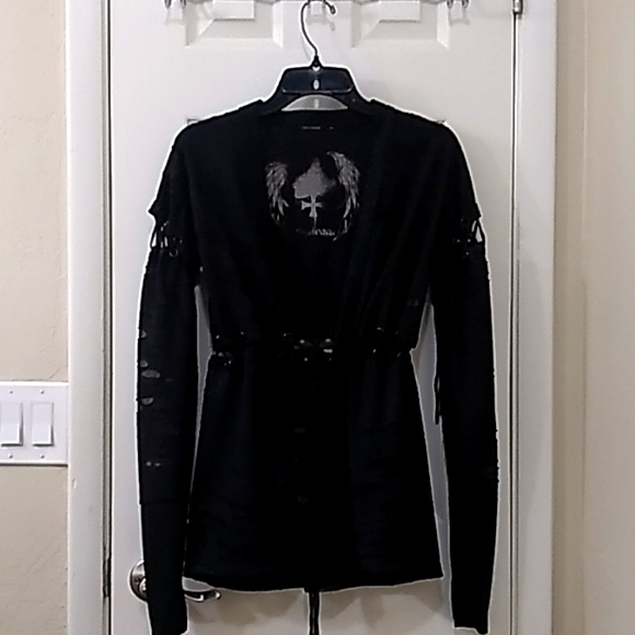 SALVAGE RARE Mesh Graphic Front Tie Cardigan. M - Picture 1 of 15